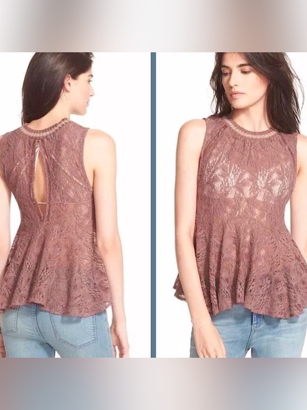Free People Maisie Mauve Purple Lace Sheer Crochet Peplum Top Sleeveless Size XS